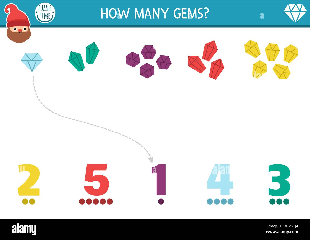 Abbina i numeri al gioco dei nani. Foresta magica o attività gnomo per bambini con gemme. Foglio di lavoro per il conteggio delle fiabe. Numero semplice che corrisponde al gioco matematico con r Illustrazione Vettoriale