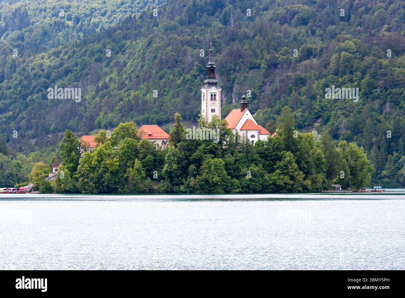 Una serena e ampia ripresa del lago di Bled, in Slovenia, con l'iconica isola di Bled in posizione prominente al centro. Chiesa di pellegrinaggio dell'assunzione di Mar Foto Stock
