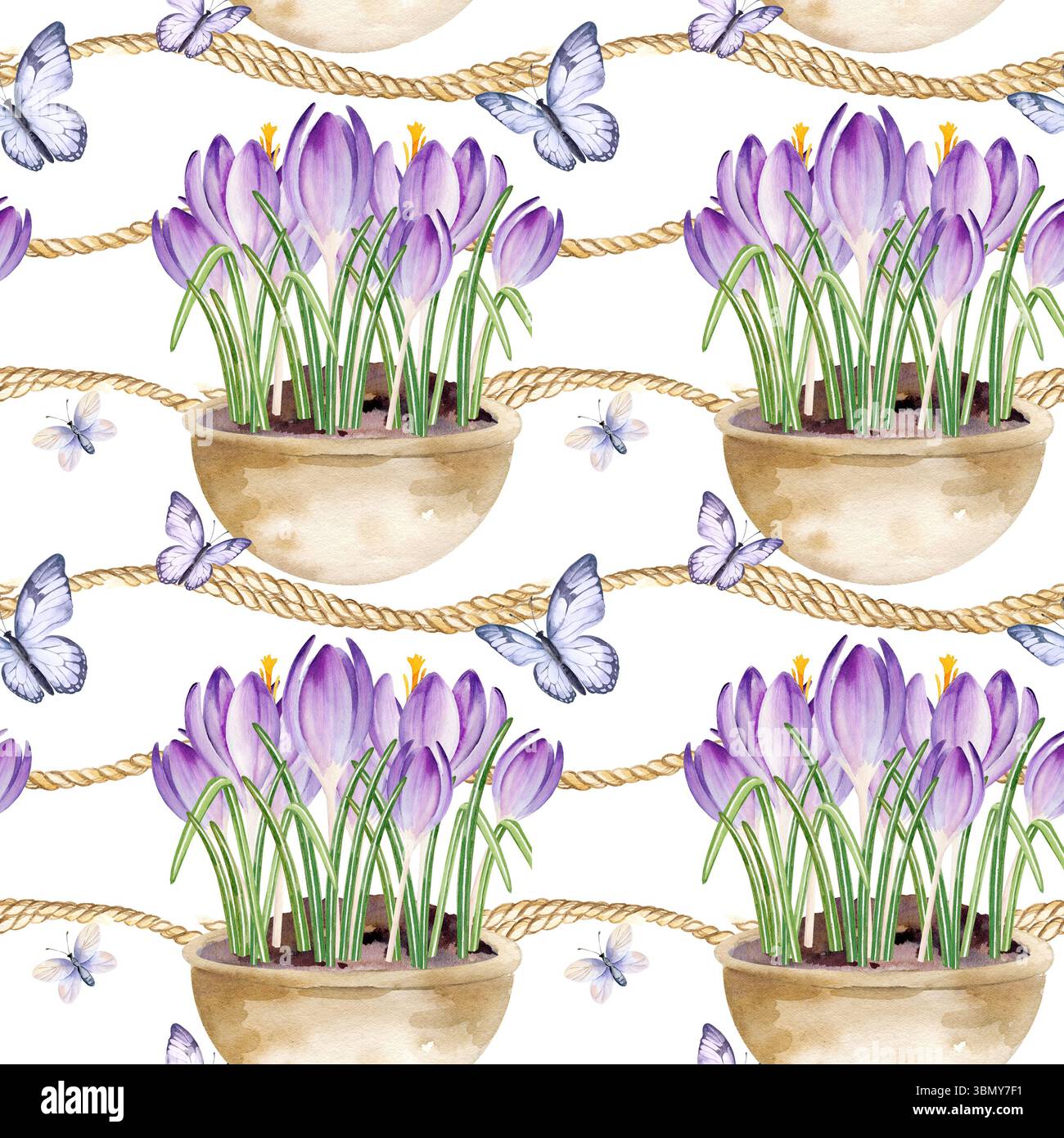 croci fiori in vaso di ceramica, farfalle volanti, corda beige, acquerello blu disegnato a mano, fiori lilla con foglie verdi, motivo senza cuciture, primavera Foto Stock