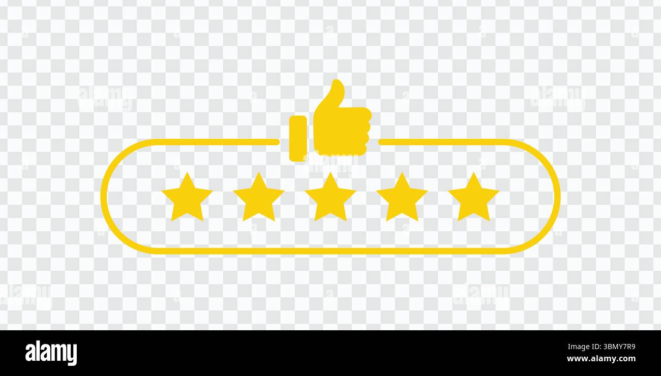 Icona Vector feedback feedback e valutazione a cinque stelle: Simbolo di revisione e approvazione del cliente Illustrazione Vettoriale