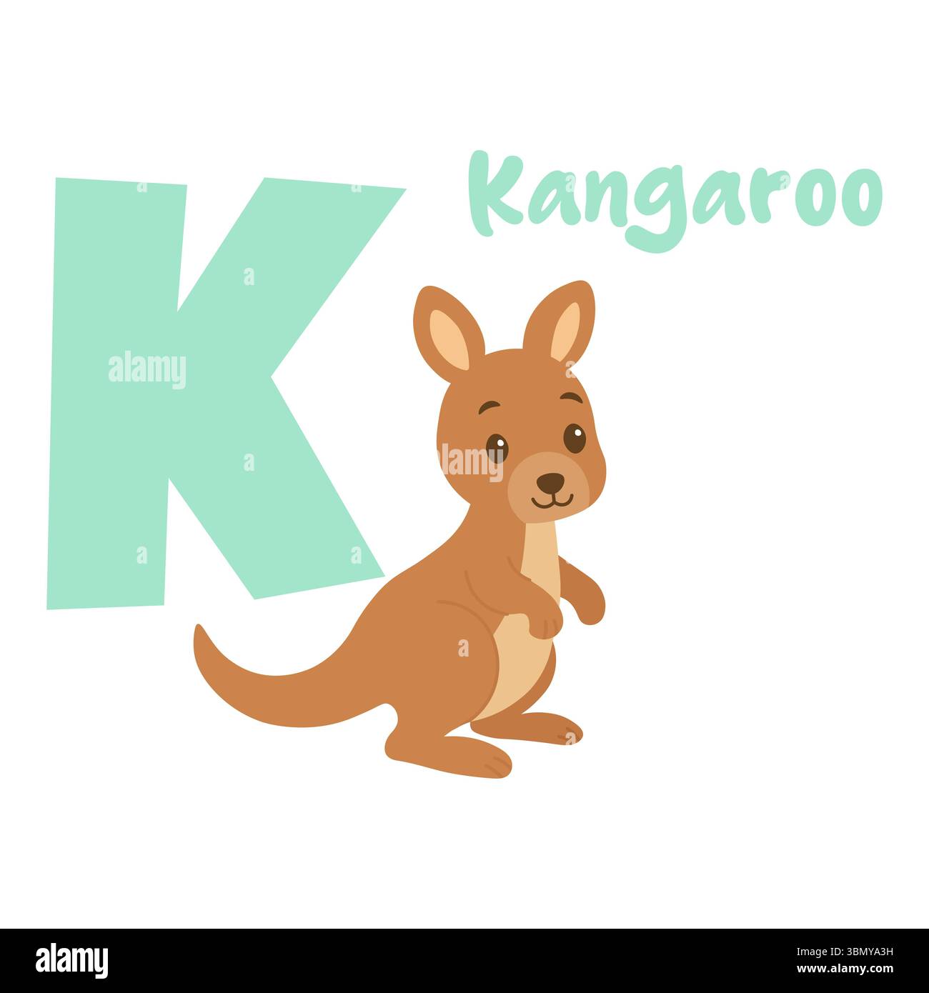 Adorabile canguro accanto alla grande lettera verde k, perfetto per i bambini che imparano l'alfabeto e decorano gli spazi della scuola materna Illustrazione Vettoriale