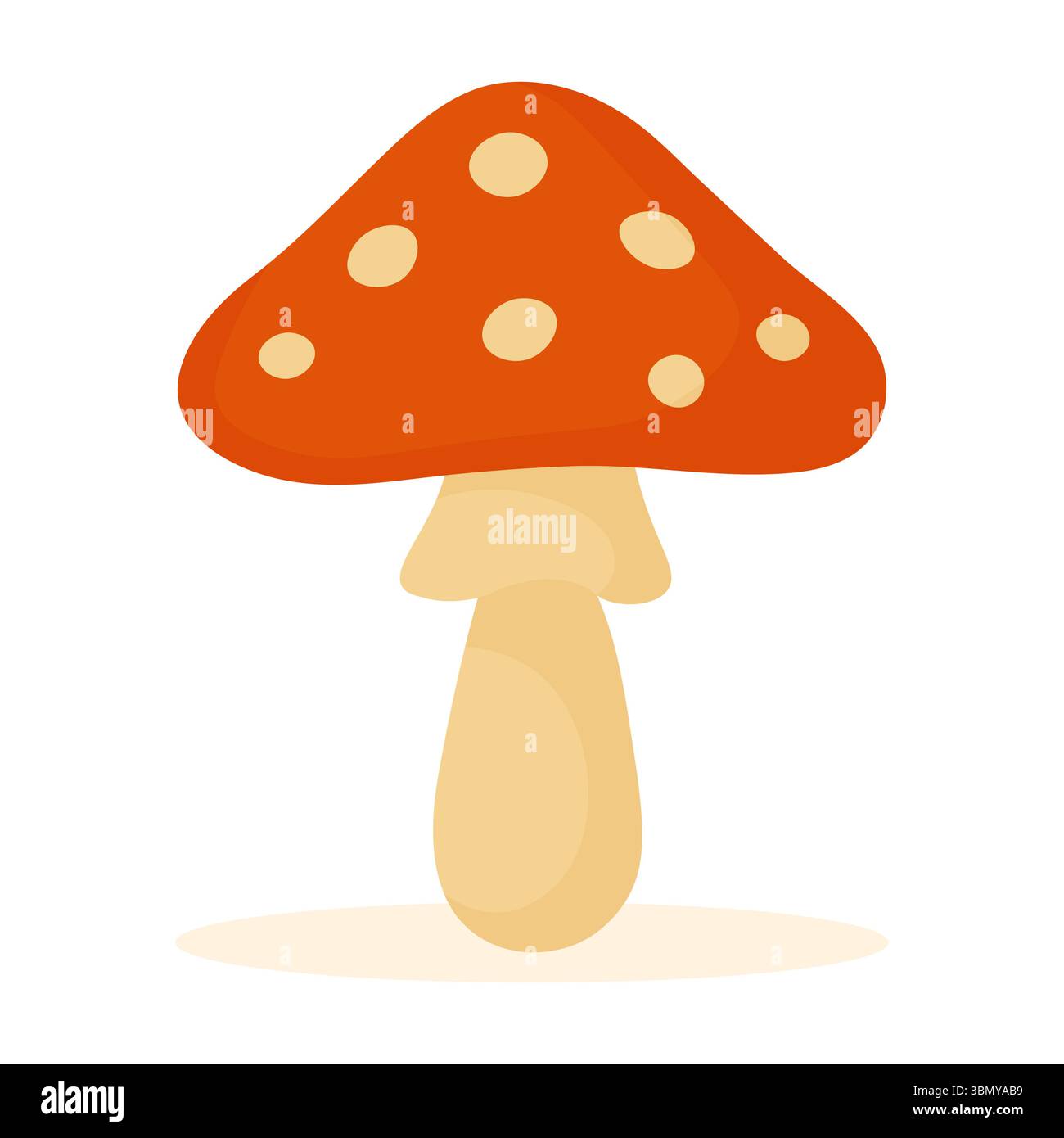 Fungo rosso brillante con punti beige e gambo in stile cartoni animati isolato su sfondo bianco Illustrazione Vettoriale