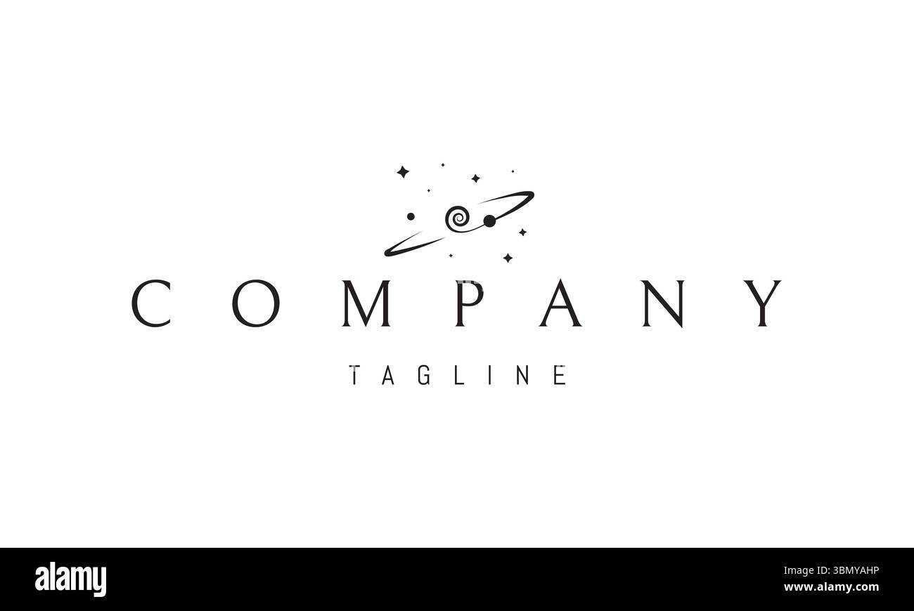 Logo vettoriale con un'immagine astratta di un pianeta con una linea orbitale curva sullo sfondo stellato. Illustrazione Vettoriale