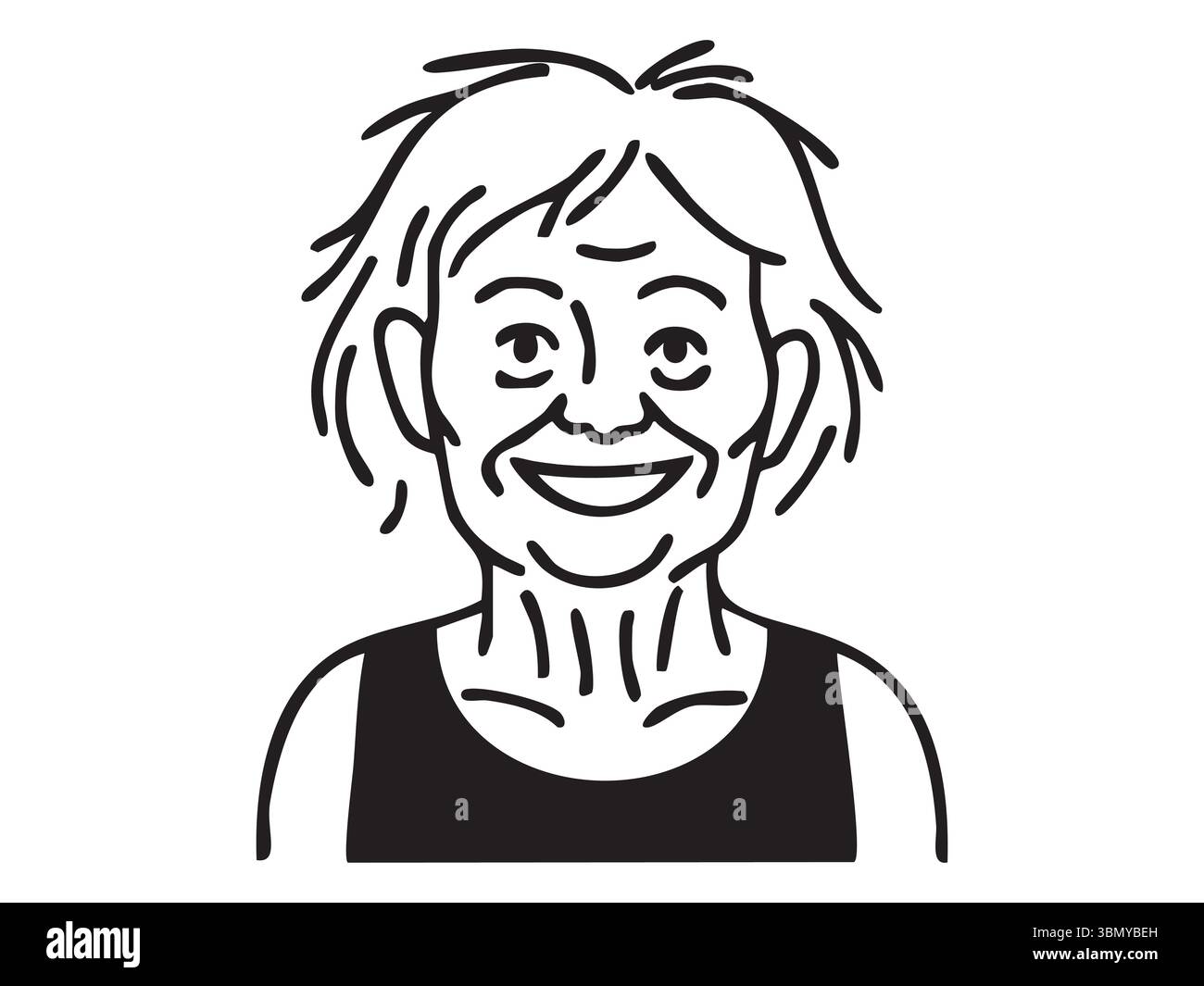 Contorno in bianco e nero del volto allegro di una vecchia donna isolato su sfondo bianco, illustrazione grafica. Concetto di carattere femminile anziano, anziano felice Illustrazione Vettoriale
