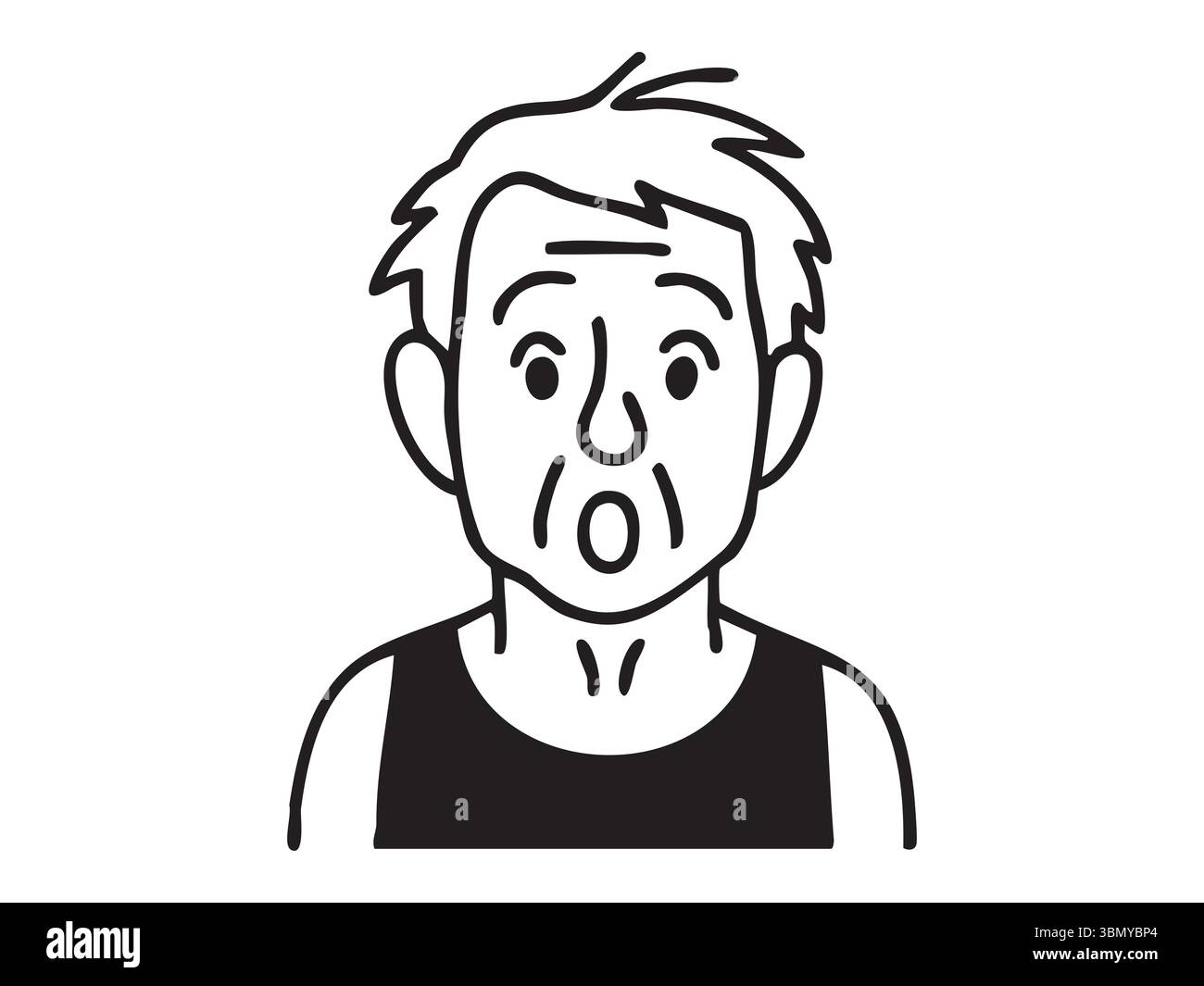 Disegni in bianco e nero di un uomo di mezza età sorpreso isolato su sfondo bianco, illustrazione grafica. concetto di icona, logo, espressione facciale, sh Illustrazione Vettoriale