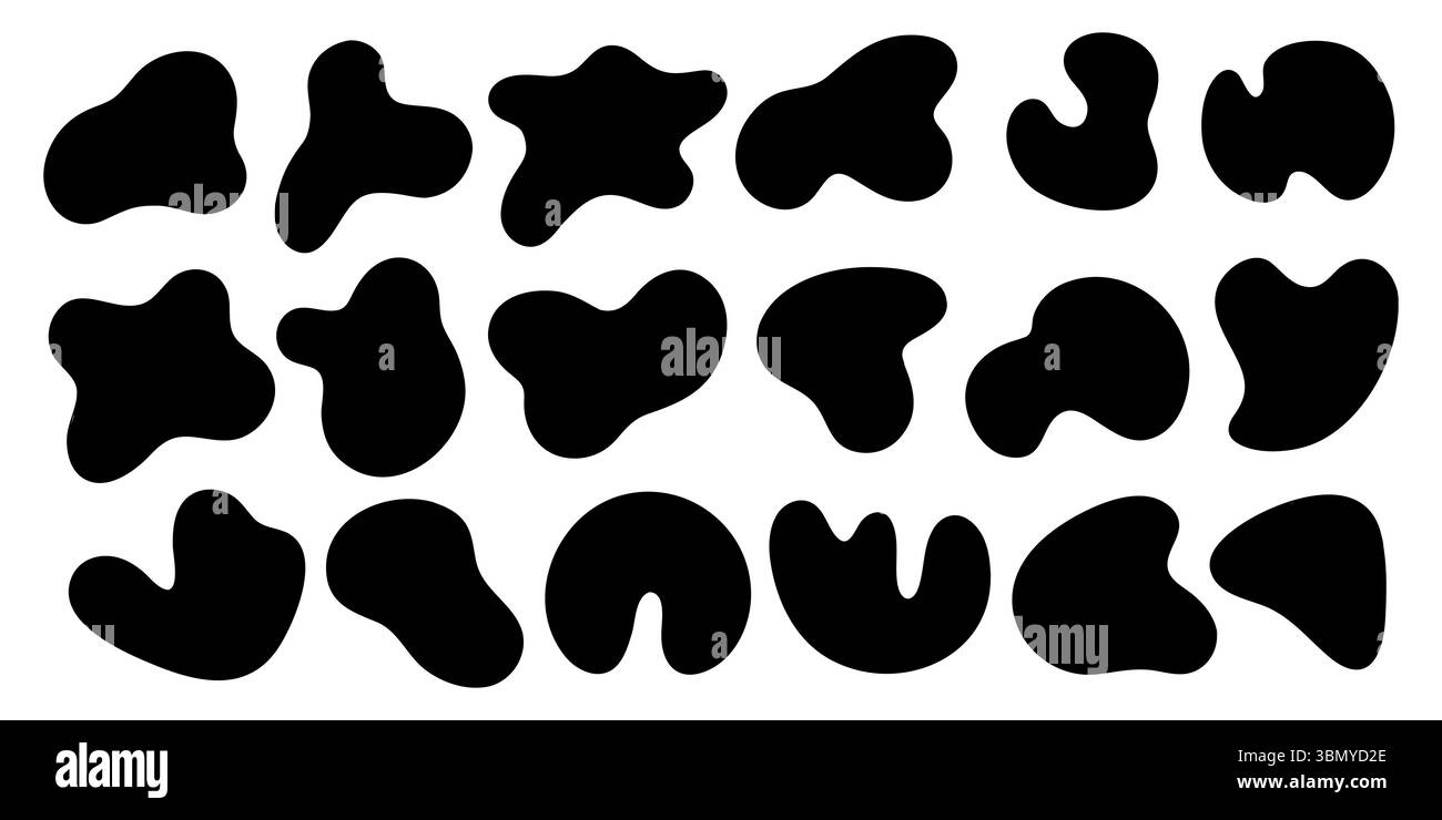 18 elementi astratti a forma di blot o blob irregolare liquido moderno. Serie di illustrazioni vettoriali fluide con design piatto. Illustrazione Vettoriale