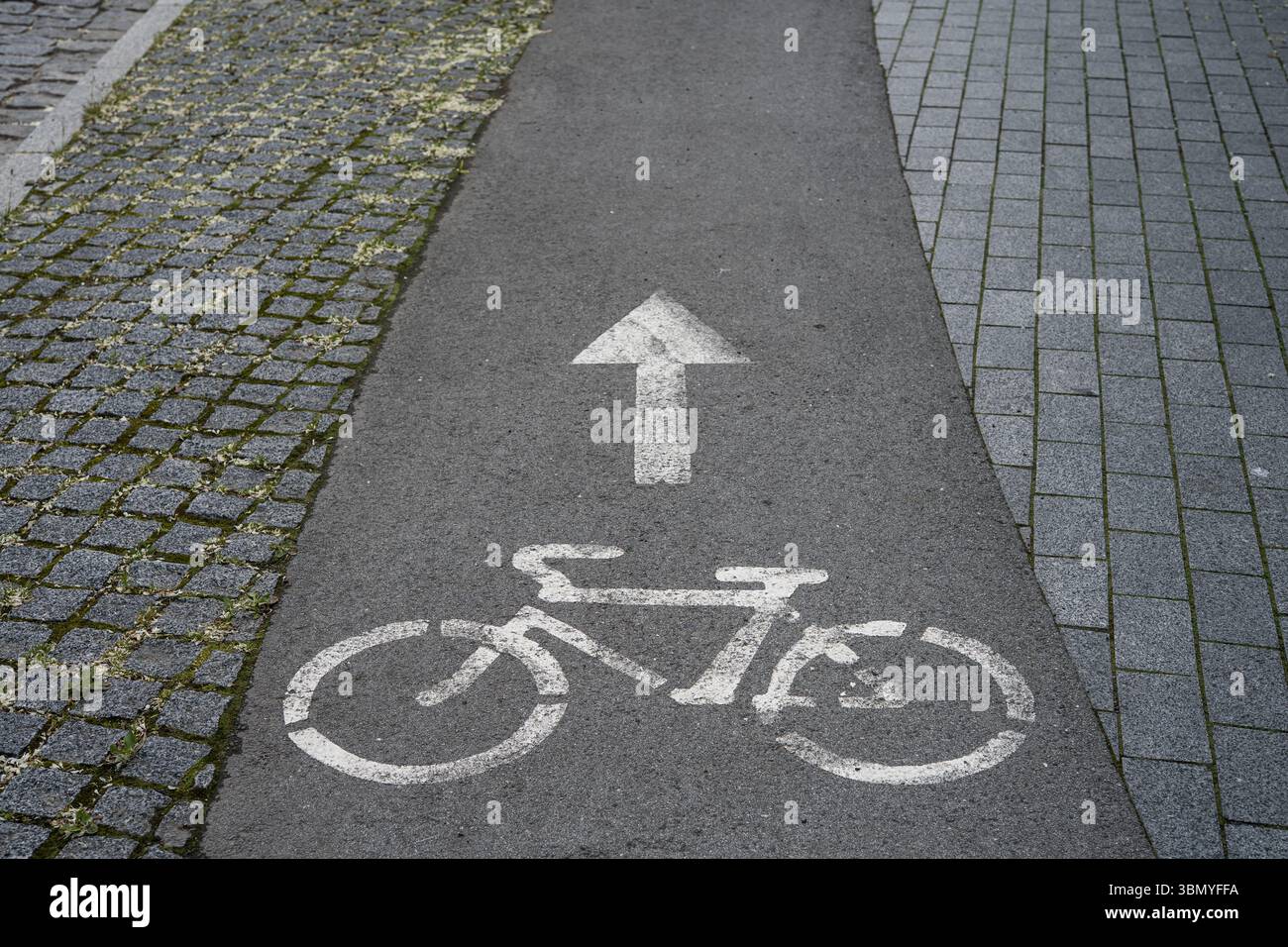 Segnaletica delle piste ciclabili su asfalto tra marciapiedi acciottolati a Haapsalu, Estonia. Foto Stock