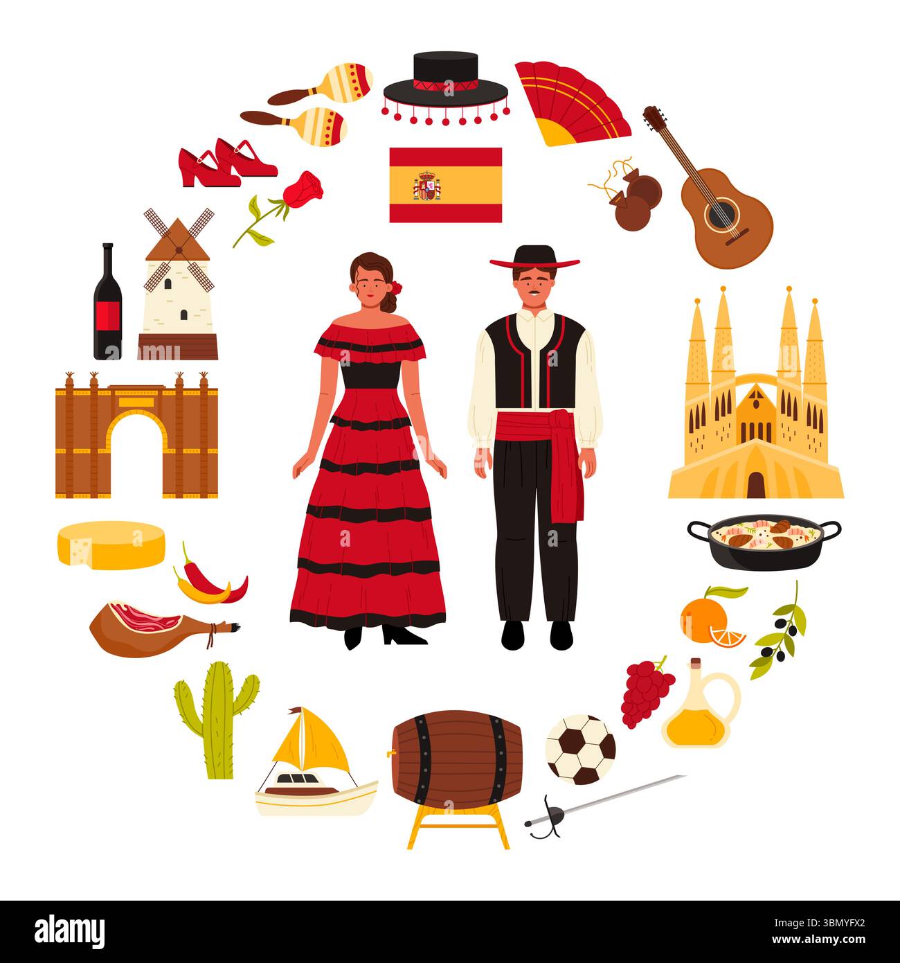 Viaggia verso la Spagna, la cultura spagnola e i luoghi di interesse, cibo in un poster infografico del turismo. Ballerina di flamenco, guerriero, bandiera ed emblemi della corrida, illustrazione del vettore dei cartoni animati jamon Illustrazione Vettoriale