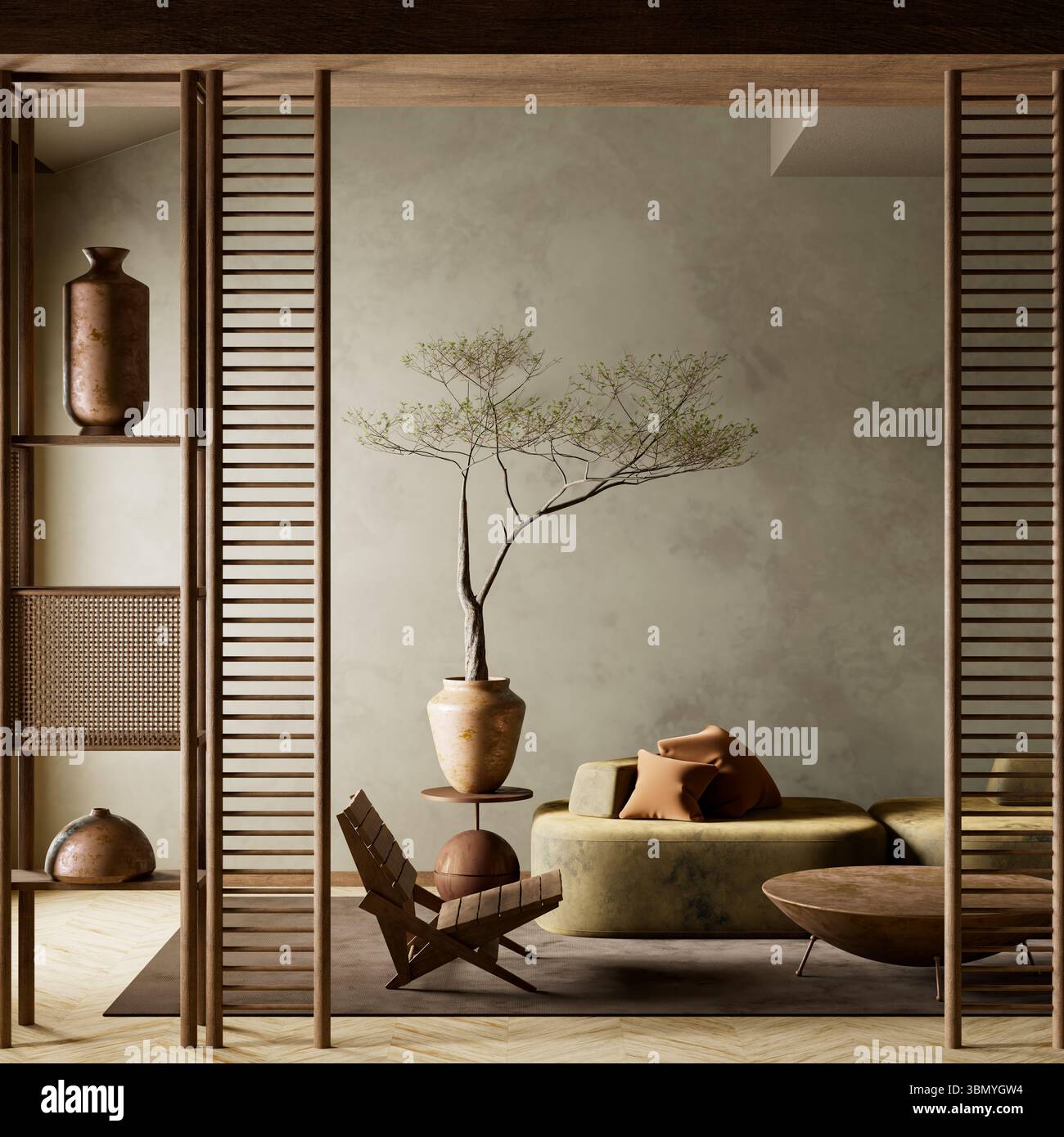 Uno spazio abitativo sereno e minimalista con toni terrosi, illuminazione soffusa e decor di ispirazione Giapponese caratterizzato da tessuti naturali, mobili bassi ed eleganti Foto Stock