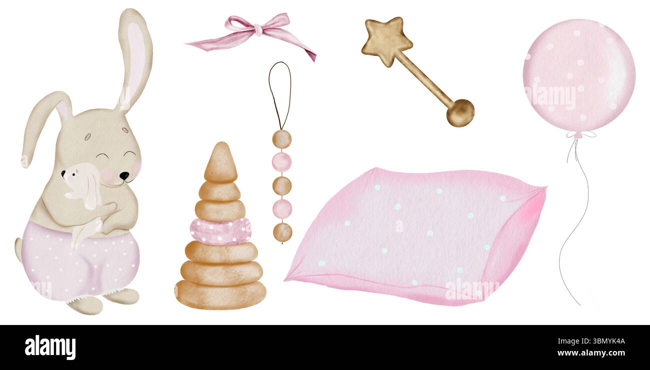 Acquerello per bambini. Coniglietto materno e bambino disegnati a mano con accessori, sonaglino, cuscino di prua. Clip art bambini. Ideale per adesivi e per la stampa Foto Stock