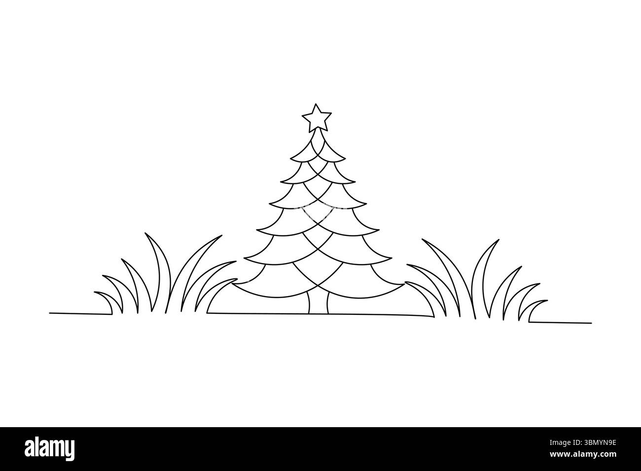 Grafica continua su una linea elementi di design natalizi albero cartolina schizzo modello Premium icona vettore Illustrazione Vettoriale