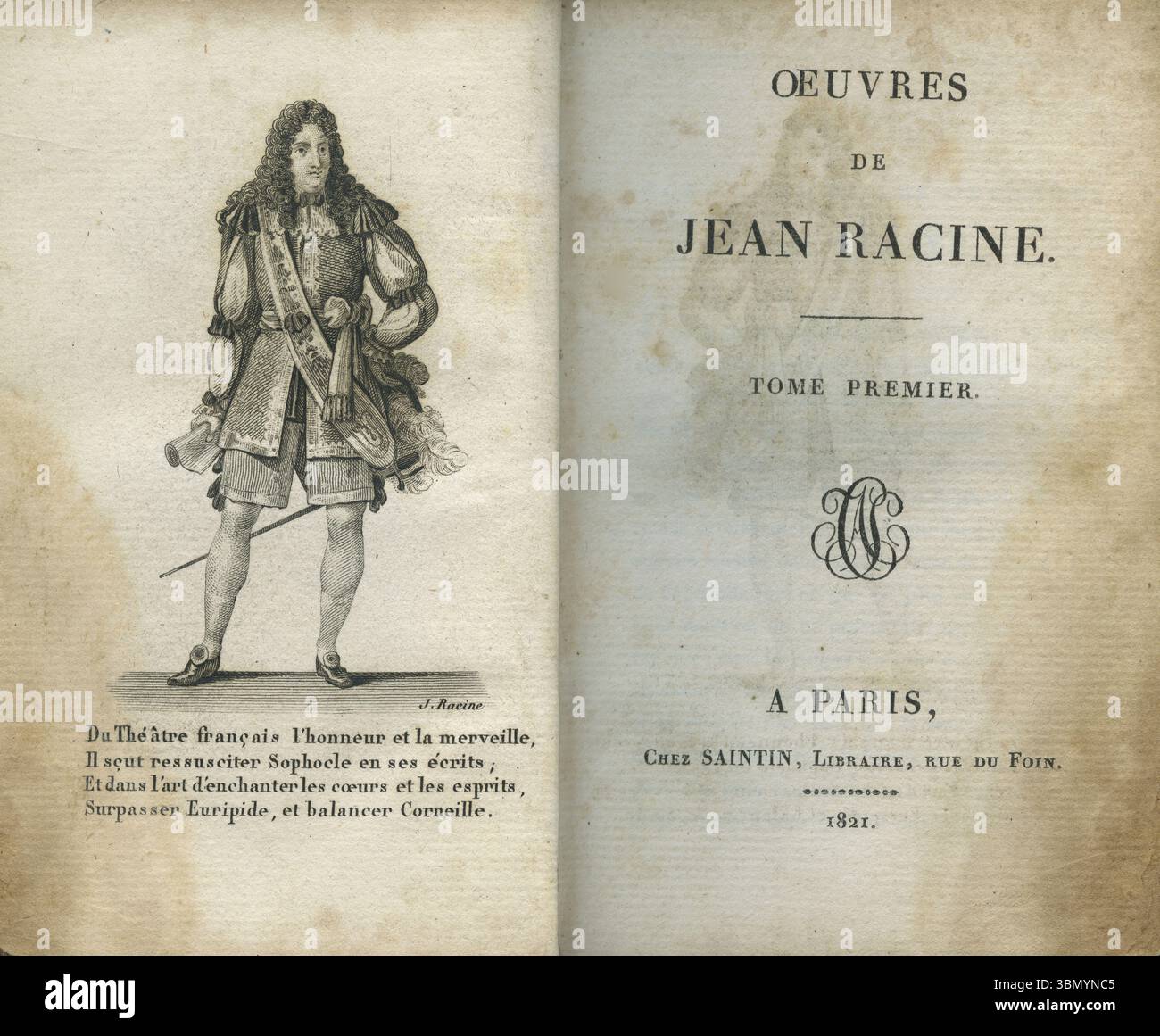 Ritratto di Jean Racine (1639-1699) - incisione da 'oeuvres de Jean Racine' Paris Saintin, Imprimerie de Firmin Didot 1821. Foto Stock