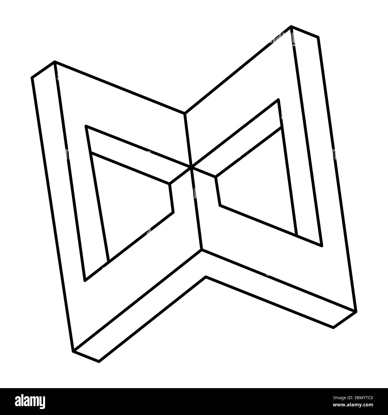 Forma a illusione ottica, figura impossibile, linee nere su sfondo bianco, oggetto op art. Geometria sacra. Illustrazione Vettoriale