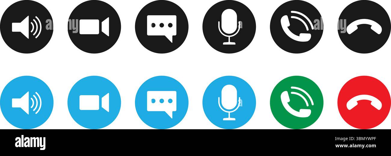 Set icone di comunicazione: Pulsanti voce, Video, Chat e chiamata per le applicazioni di messaggistica Illustrazione Vettoriale