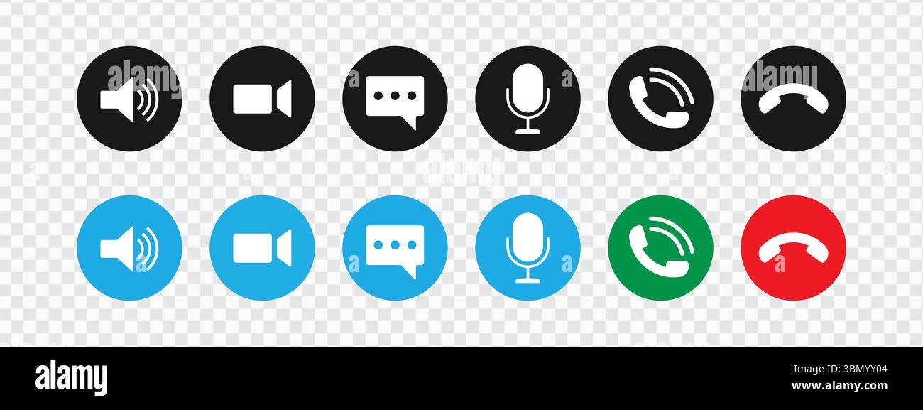 Set icone di comunicazione: Pulsanti voce, Video, Chat e chiamata per le applicazioni di messaggistica Illustrazione Vettoriale