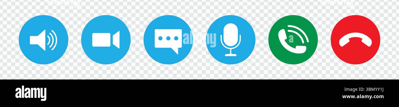 Set icone di comunicazione: Pulsanti voce, Video, Chat e chiamata per le applicazioni di messaggistica Illustrazione Vettoriale