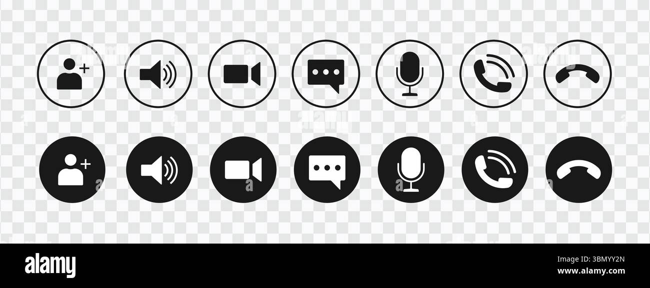 Set icone di comunicazione: Funzioni videochiamata, audio, conversazione testuale e voce per le applicazioni di messaggistica Illustrazione Vettoriale