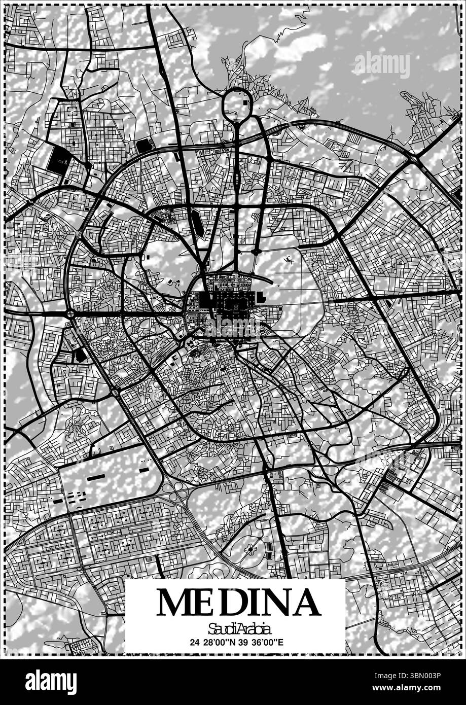 Mappa della città di Medina – poster monocromatico in bianco e nero su Street Layout Illustrazione Vettoriale