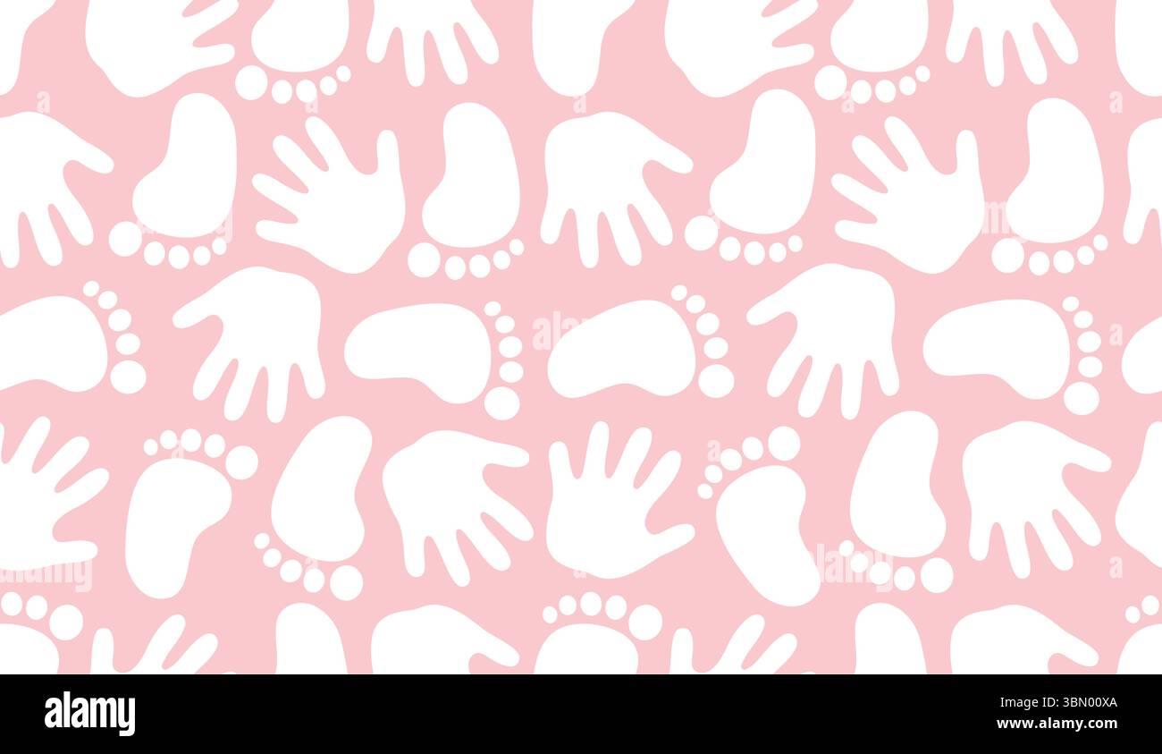 Motivo vettoriale per bambina senza cuciture con impronte dei piedi su sfondo rosa per tessuti, tessuti e regali per la doccia Illustrazione Vettoriale