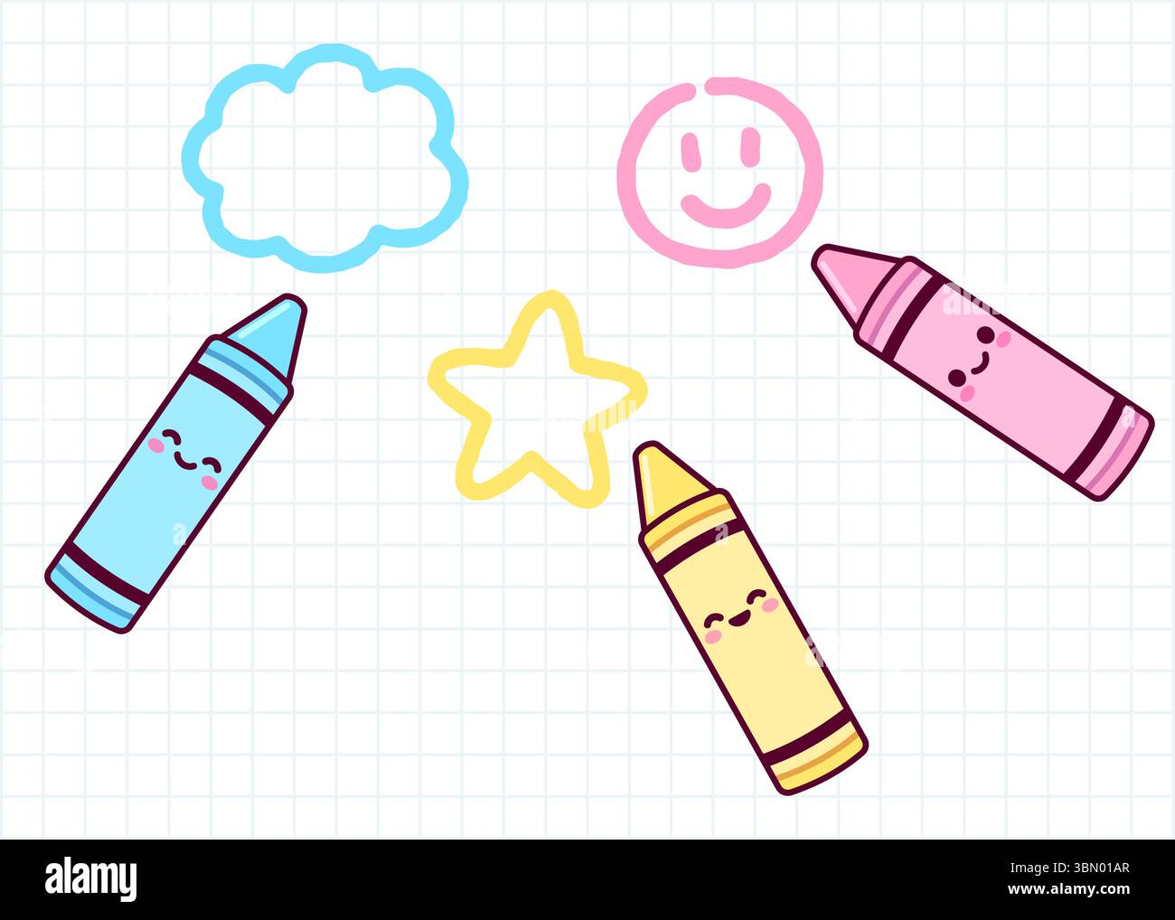 Carini pastelli a cartoni animati che disegnano scarabocchi. Tre pastelli colorati con simpatici volti kawaii. Illustrazione della clipart vettoriale. Illustrazione Vettoriale