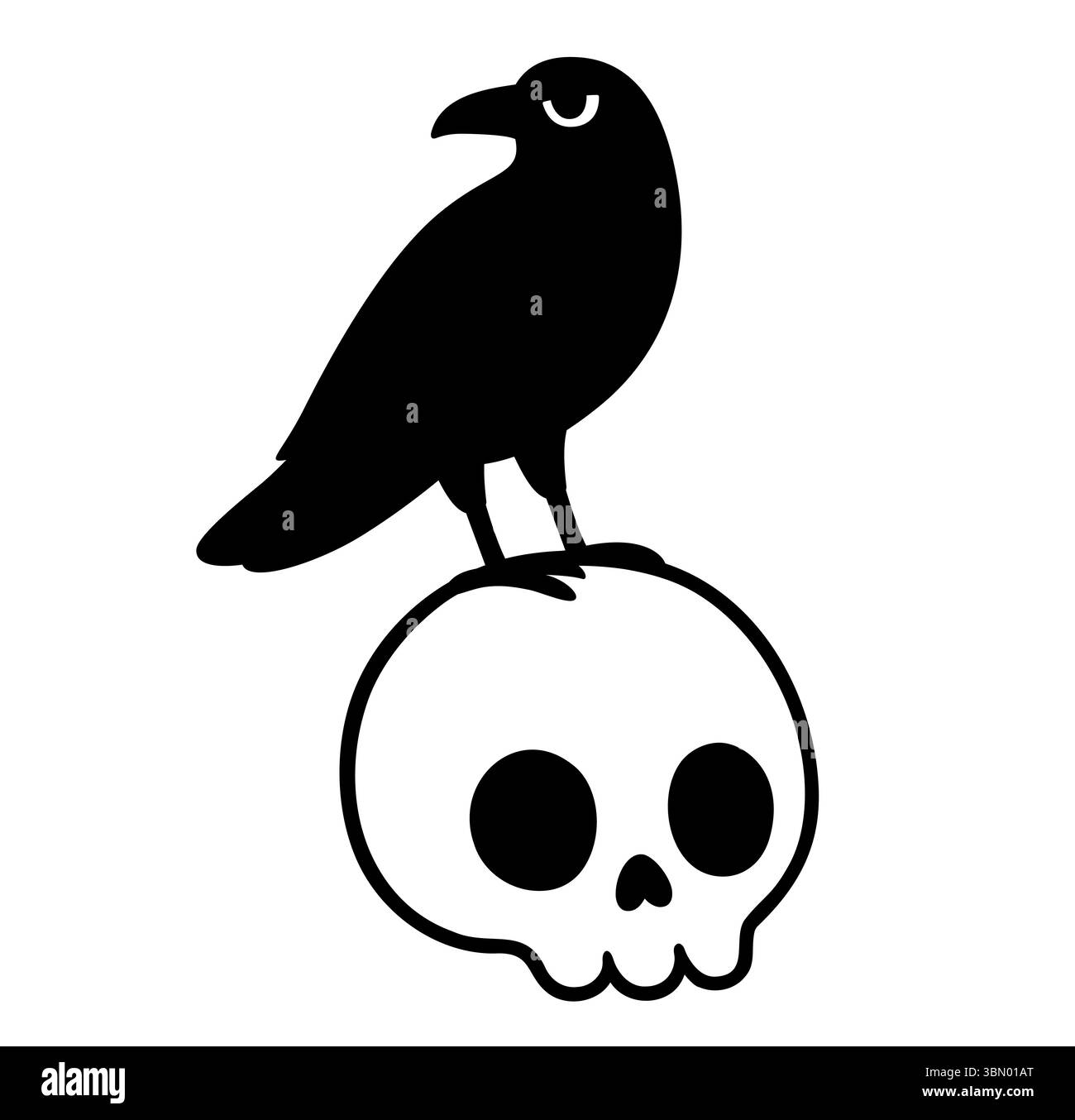 Semplice corvo cartoni animati stilizzato in piedi su un teschio. Disegno, logo o stampa di silhouette in bianco e nero. Illustrazione della clipart vettoriale. Illustrazione Vettoriale