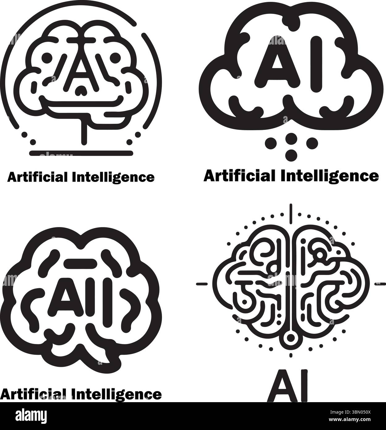 Concetto minimalista di intelligenza artificiale con icona cerebrale e cerchio punteggiato Illustrazione Vettoriale