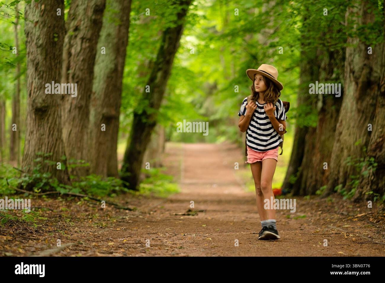 Una ragazza con un cappello e uno zaino cammina verso la macchina fotografica attraverso la foresta, perduta nel pensiero e nella meraviglia. Una tranquilla giornata estiva di escursioni, esplorazioni e scoperte all'aperto. Foto Stock