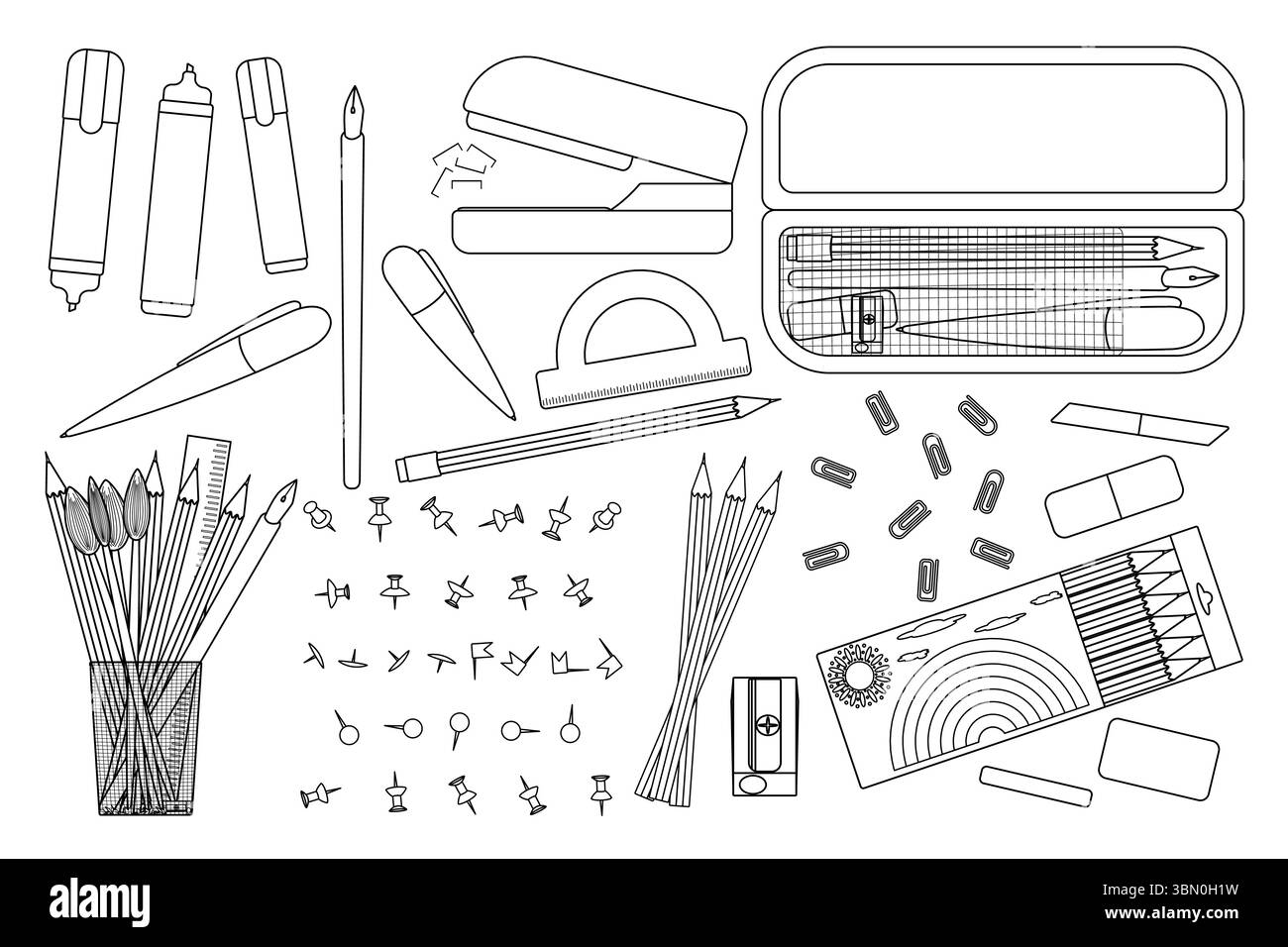Pagina da colorare con materiale didattico per la raccolta dei contorni, tra cui matite, penne, gomme, affilatrice, set di pennarelli, cucitrice e custodia. Per intrattenere i bambini Illustrazione Vettoriale