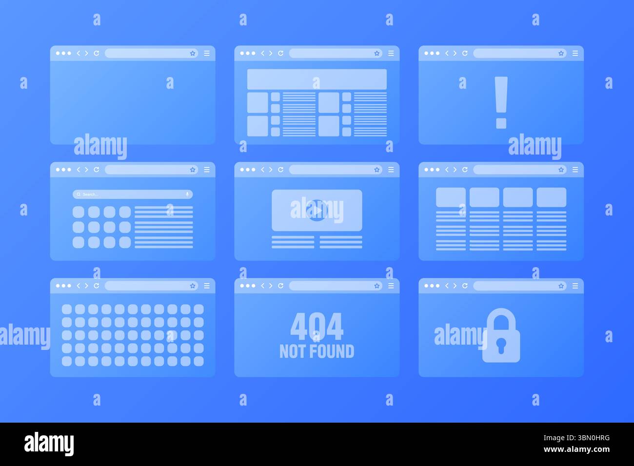 Finestra del browser Web, layout di pagine trasparenti con barra degli strumenti e campo di ricerca. Sito web moderno, pagina Internet. Mockup browser per computer, tablet e. Illustrazione Vettoriale