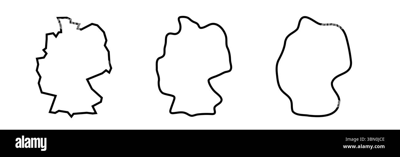Profilo nero Germania in tre diversi livelli di morbidezza. Mappe semplificate. Icone vettoriali isolate su sfondo bianco. Illustrazione Vettoriale