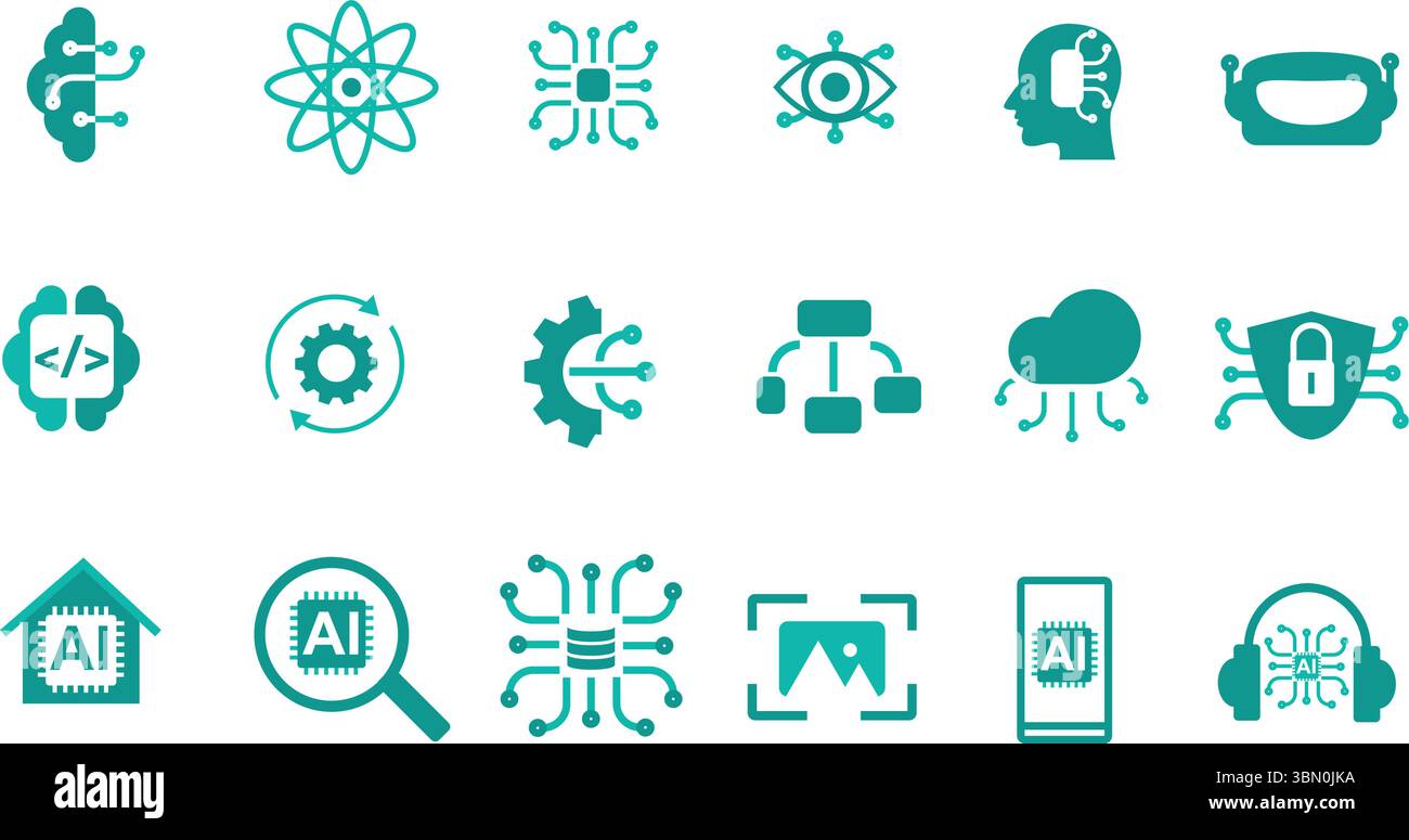 Set di icone intelligenza artificiale. Presenta icone modificabili per la tecnologia ai, l'apprendimento automatico, il deep learning, la robotica e altro ancora. Illustrazione Vettoriale