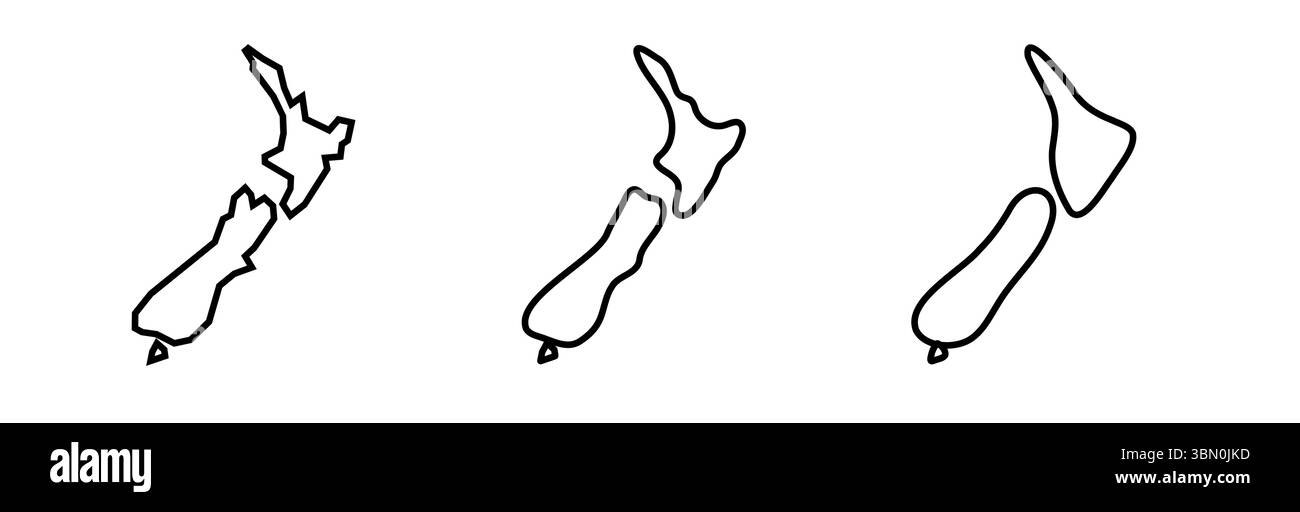 Il profilo nero del paese della nuova Zelanda si caratterizza per tre diversi livelli di morbidezza. Mappe semplificate. Icone vettoriali isolate su sfondo bianco. Illustrazione Vettoriale