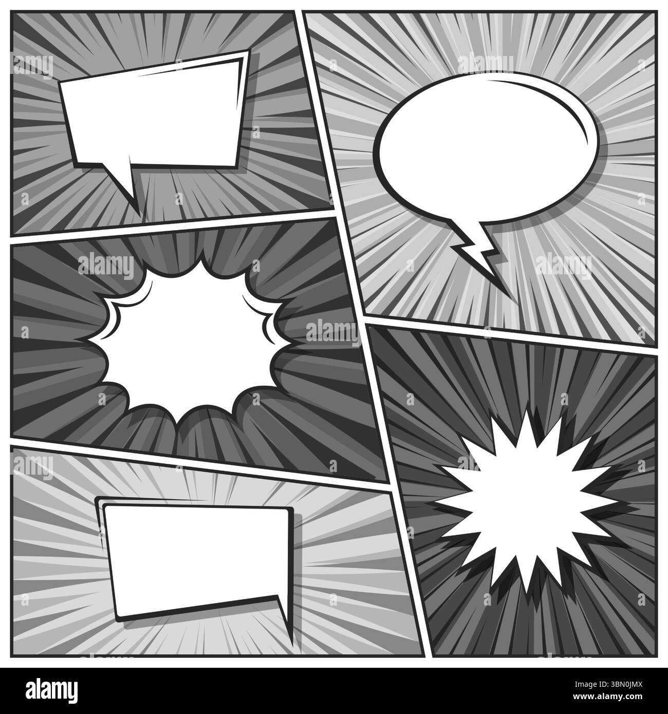 Sfondo fumettistico dei cartoni animati. Bolla del discorso. Poster in bianco e nero del libro di fumetti con elementi mezzitoni e linee radiali. Stile Pop Art retrò. Vettore Illustrazione Vettoriale