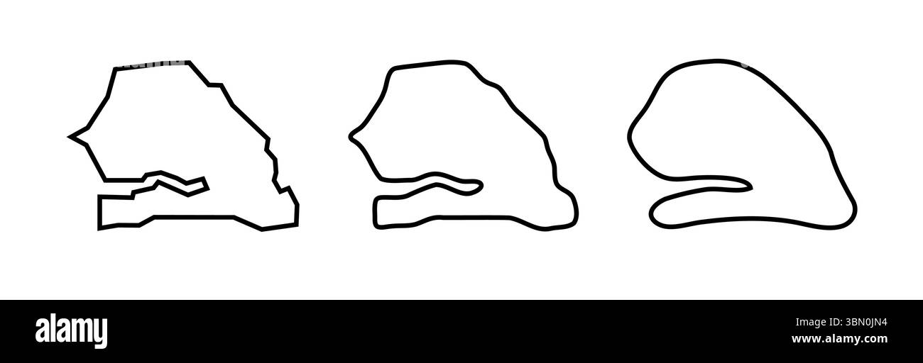 Silhouette Senegal Country Black in tre diversi livelli di morbidezza. Mappe semplificate. Icone vettoriali isolate su sfondo bianco. Illustrazione Vettoriale