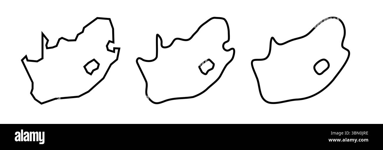 Il profilo nero del Sud Africa si caratterizza per tre diversi livelli di morbidezza. Mappe semplificate. Icone vettoriali isolate su sfondo bianco. Illustrazione Vettoriale