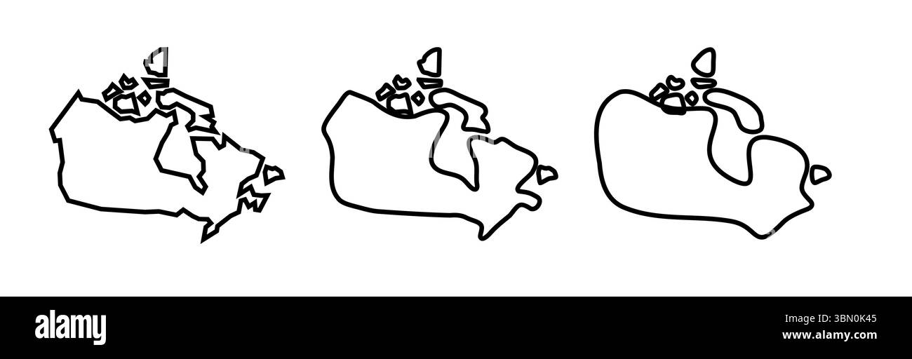 Il profilo nero del Canada presenta tre diversi livelli di morbidezza. Mappe semplificate. Icone vettoriali isolate su sfondo bianco. Illustrazione Vettoriale