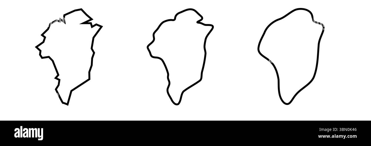 Profilo nero della Groenlandia con tre diversi livelli di morbidezza. Mappe semplificate. Icone vettoriali isolate su sfondo bianco. Illustrazione Vettoriale