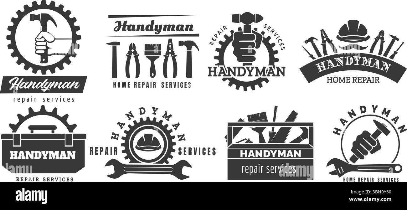 Icone monocromatiche con logo Handyman Illustrazione Vettoriale