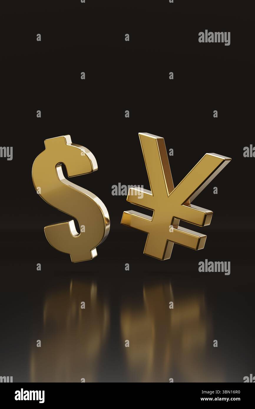Simboli di dollaro e yuan isolati su sfondo nero. illustrazione 3d. Foto Stock