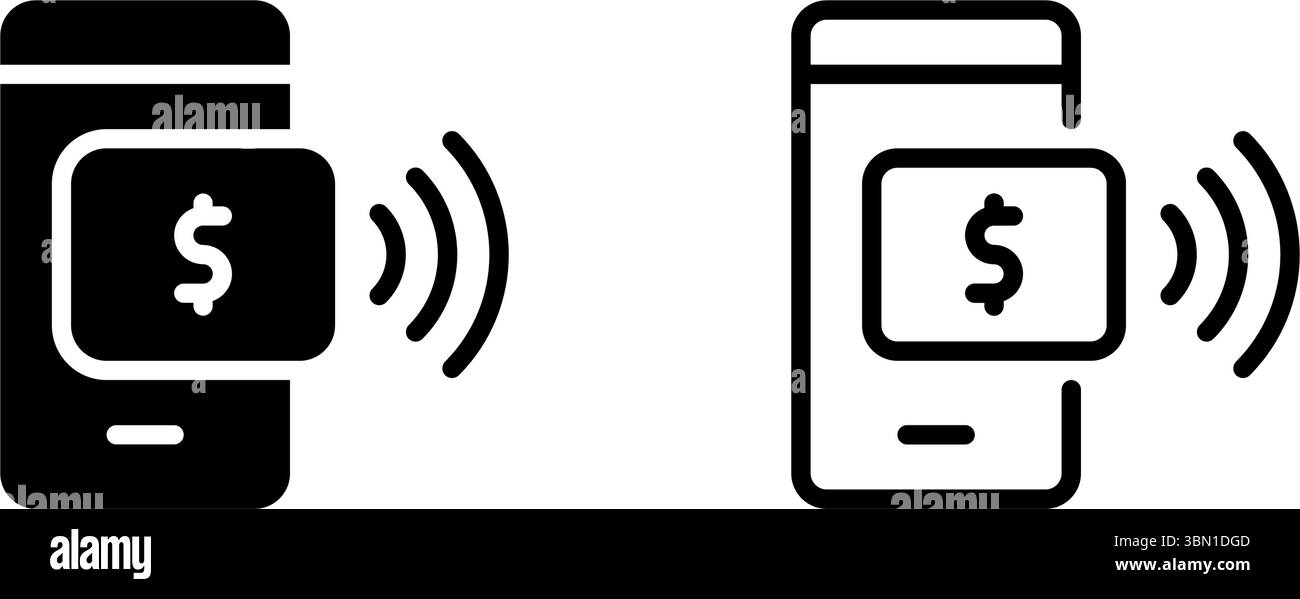 Icone dei sistemi di pagamento mobili e wireless per transazioni digitali, NFC e funzionalità tap-to-pay. Illustrazione Vettoriale