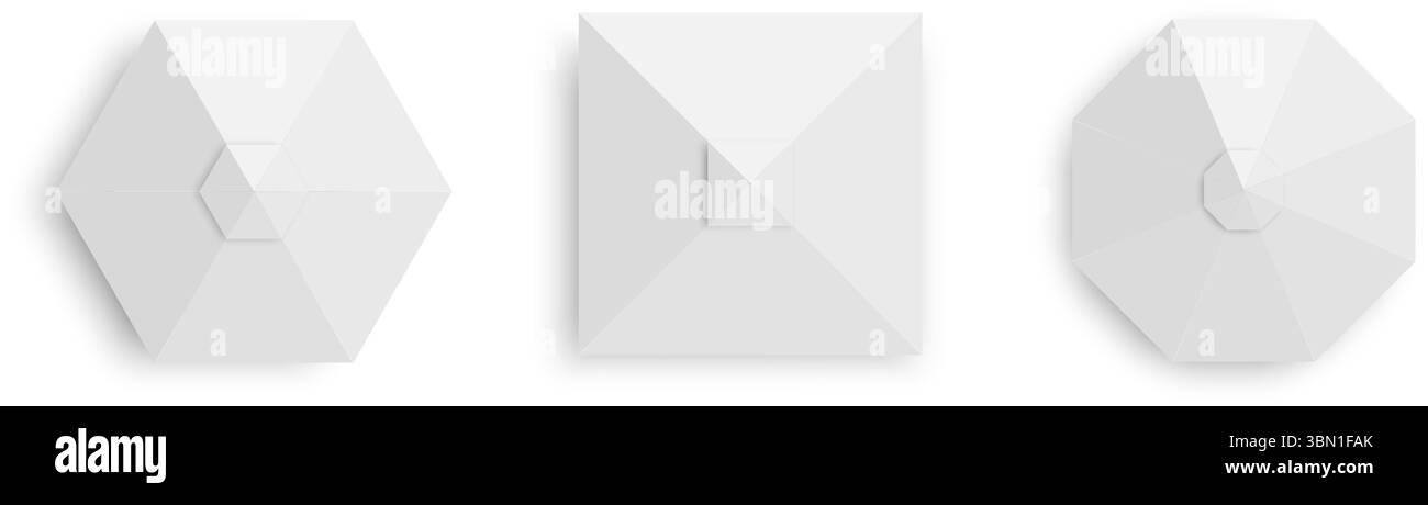 Vista dall'alto delle tende. Set di ombrelli gazebo a forma esagonale, quadrata e ottagonale. Eventi o ombrelloni sulla spiaggia. Modelli di tettoia del mercato isolati su sfondo bianco. Illustrazione realistica vettoriale. Illustrazione Vettoriale