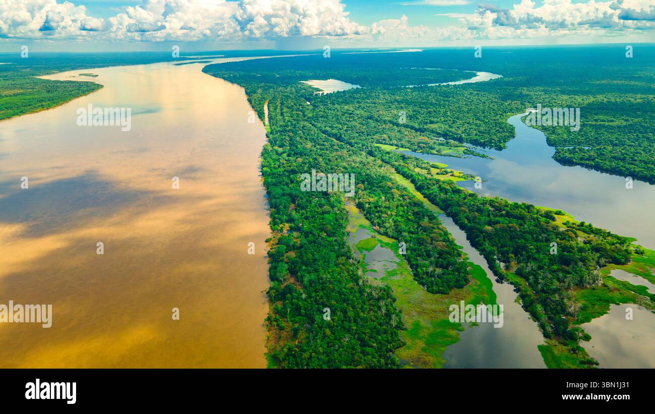 Splendida vista aerea del Rio delle Amazzoni che si snoda attraverso la lussureggiante vegetazione di Leticia, Colombia, che mostra una ricca biodiversità e un vibrante paesaggio tropicale. Foto Stock