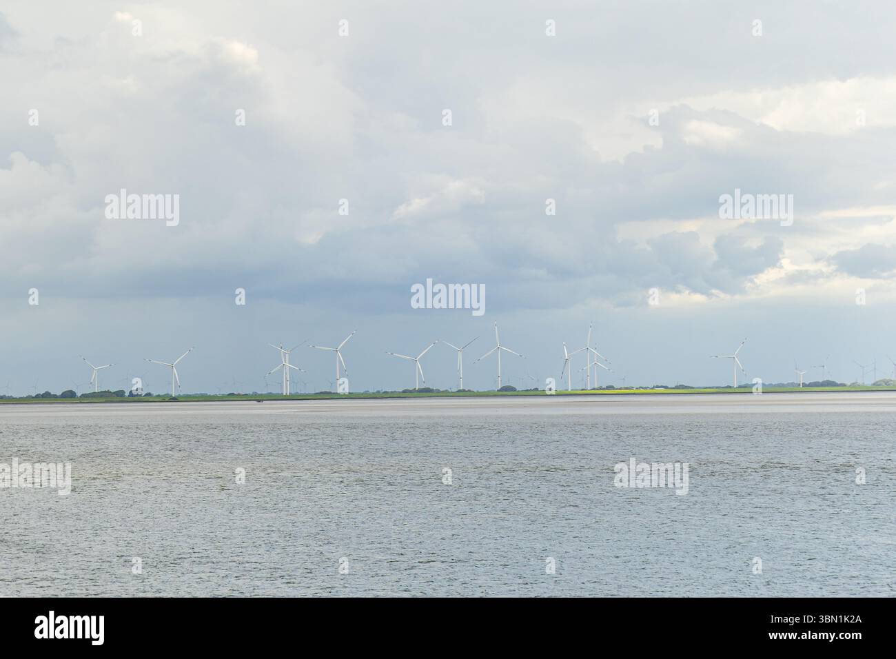 Le turbine eoliche offshore sono strategicamente posizionate lungo la costa, circondate da acque calme e da un cielo soffocato e soffocante. Ciò mette in luce l'impegno Foto Stock
