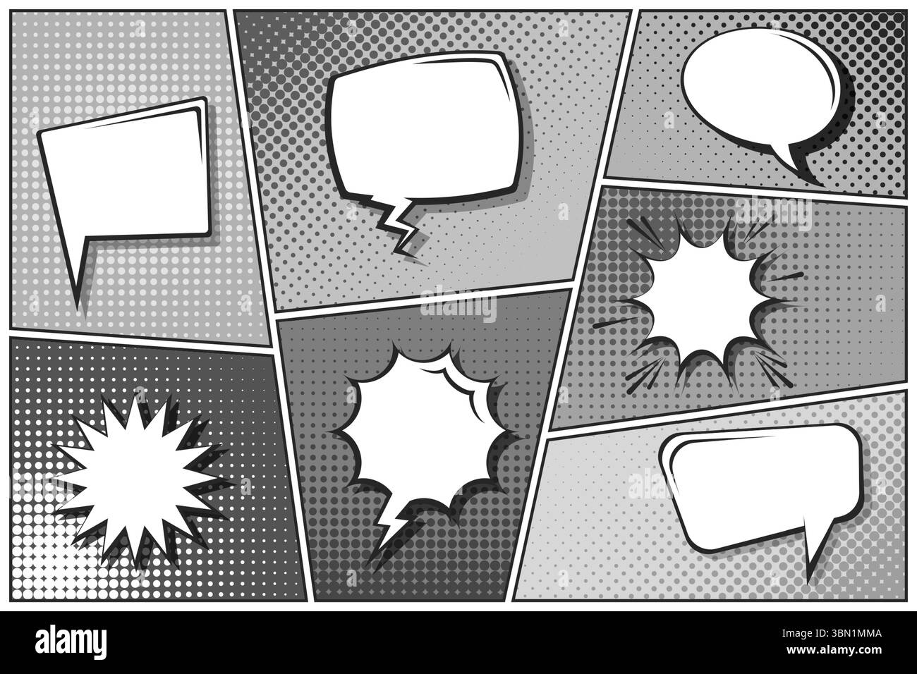 Sfondo fumettistico dei cartoni animati. Bolla del discorso. Poster in bianco e nero del libro di fumetti con elementi mezzitoni. Stile Pop Art retrò. Illustrazione vettoriale Illustrazione Vettoriale