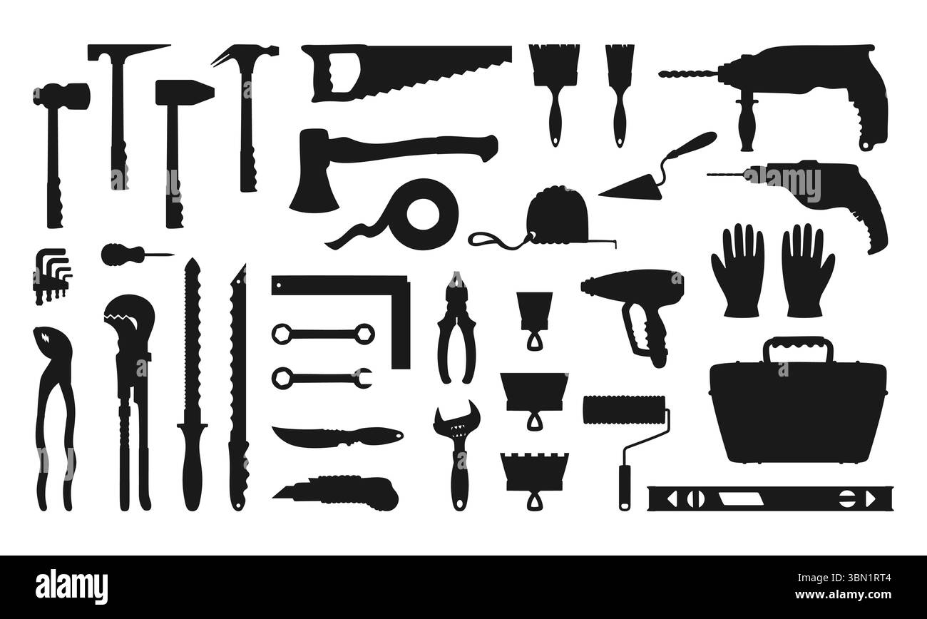 Illustrazione della silhouette del set di attrezzature per l'edilizia. Kit nero hardware per lavori di riparazione assistenza edilizia. Utensili per ascia a martello per riparazioni domestiche cassetta per attrezzi Cartoon isolato vettore Illustrazione Vettoriale