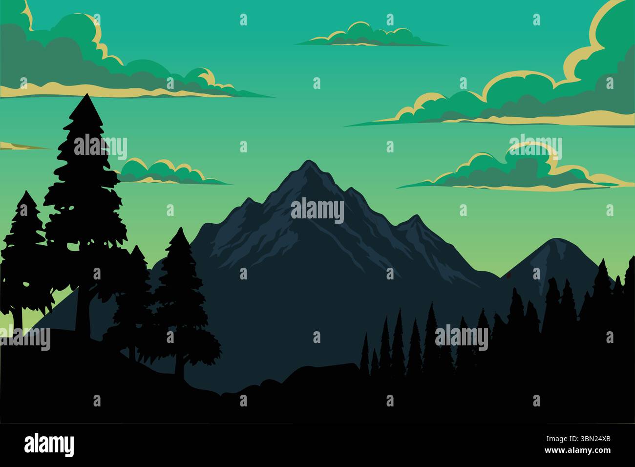 Vista panoramica della catena montuosa sotto un'espressiva scena del cielo Illustrazione Vettoriale