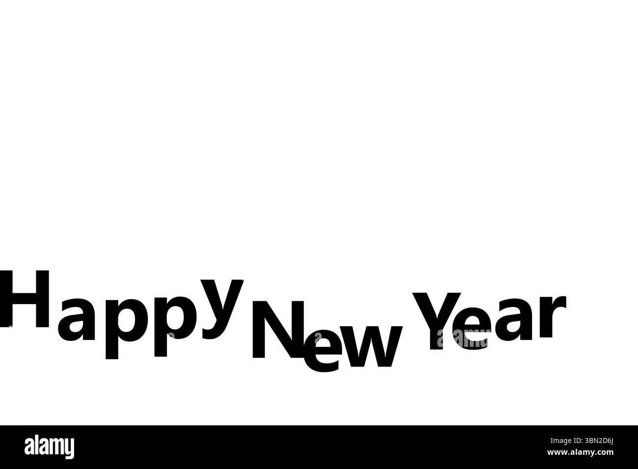 Il testo di felice anno nuovo viene visualizzato su sfondo bianco piatto, con lettere sans-serif nere in grassetto Foto Stock