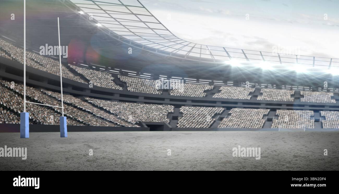 Due pali bianchi per il rugby sono in piedi in uno stadio all'aperto dal design piatto, con proiettori sopra la testa Foto Stock