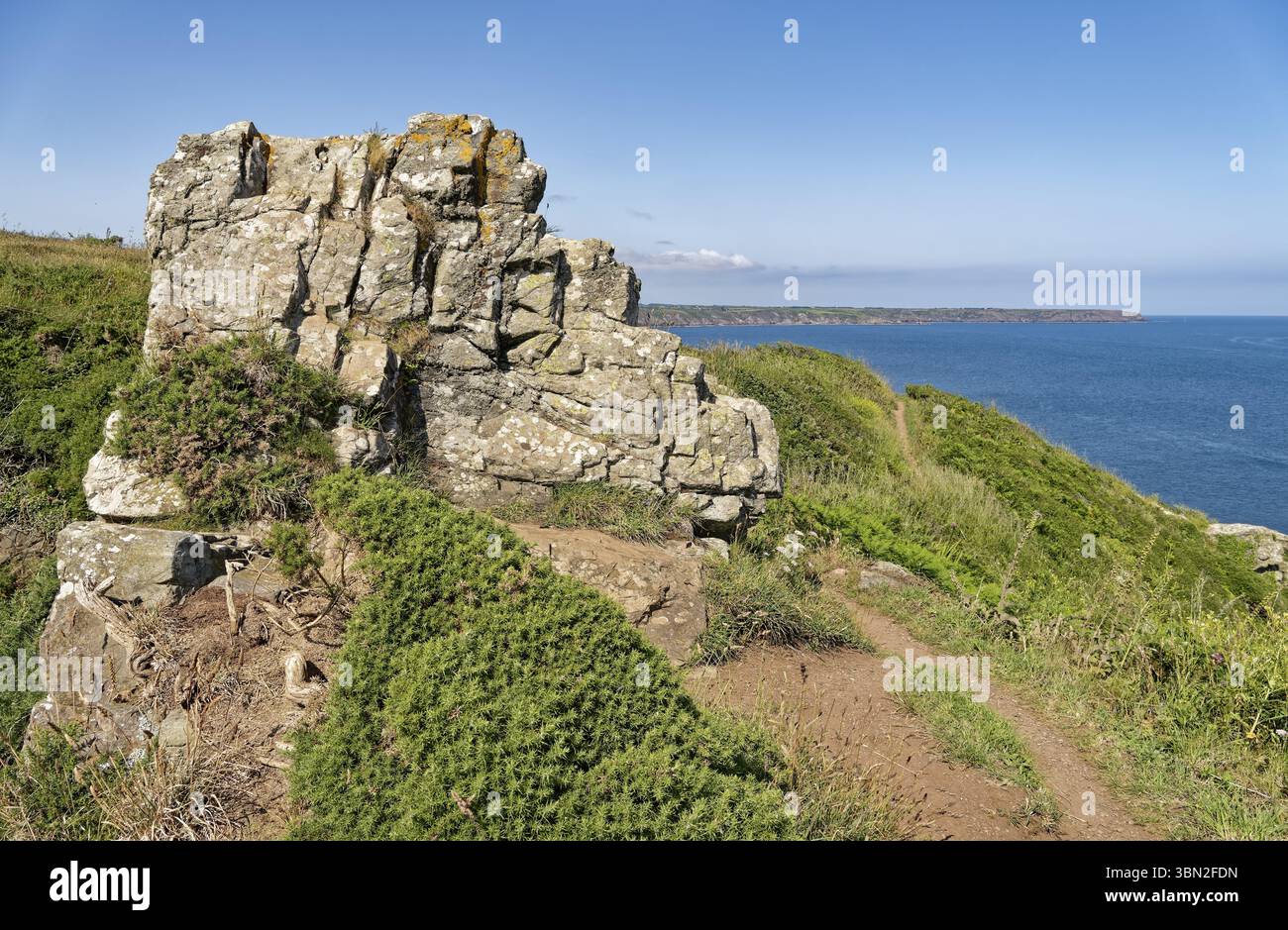 Rocce sul South-West Coast Path nel sud-ovest dell'Inghilterra, un sentiero a lunga distanza vicino alla punta meridionale della Cornovaglia sul Canale della Manica. Cadgwith Foto Stock