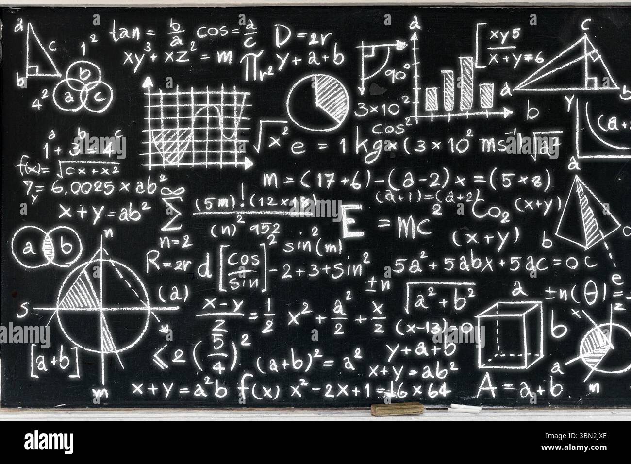 Una lavagna coperta da una varietà di equazioni matematiche, grafici, forme geometriche e notazioni scientifiche. Perfetto per l'istruzione, la scienza, lea Foto Stock